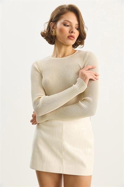 Kadın Bisiklet Yaka Fitilli Vücudu Saran Pul Detaylı Yaldızlı Triko Bluz 4798 60283583 - Krem