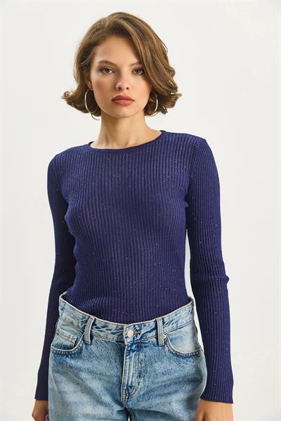 Kadın Bisiklet Yaka Fitilli Vücudu Saran Pul Detaylı Yaldızlı Triko Bluz 4798 60283583 - Saks