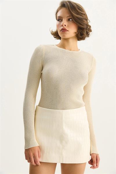 Kadın Bisiklet Yaka Fitilli Vücudu Saran Pul Detaylı Yaldızlı Triko Bluz 4798 60283583 - Krem