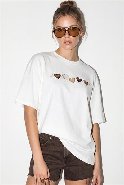 Kadın Bisiklet Yaka Kalp Baskılı Oversize Pamuklu T-Shirt ÖT100012 60286271 - Beyaz