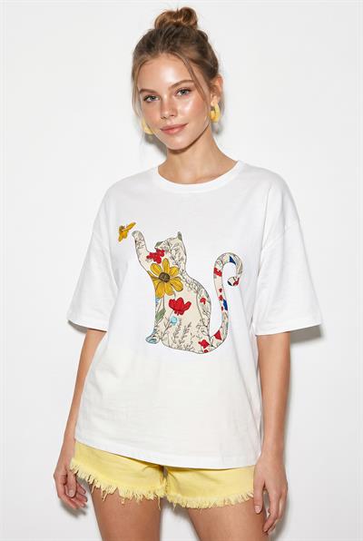 Kadın Bisiklet Yaka Kedi Baskılı Oversize %100 Pamuk T-Shirt ÖT100006 60286274 - Beyaz