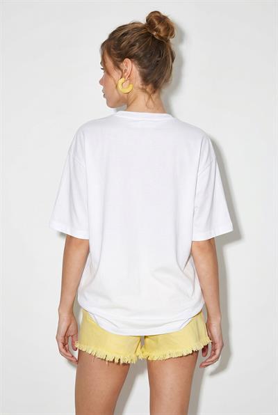 Kadın Bisiklet Yaka Kedi Baskılı Oversize %100 Pamuk T-Shirt ÖT100006 60286274 - Beyaz