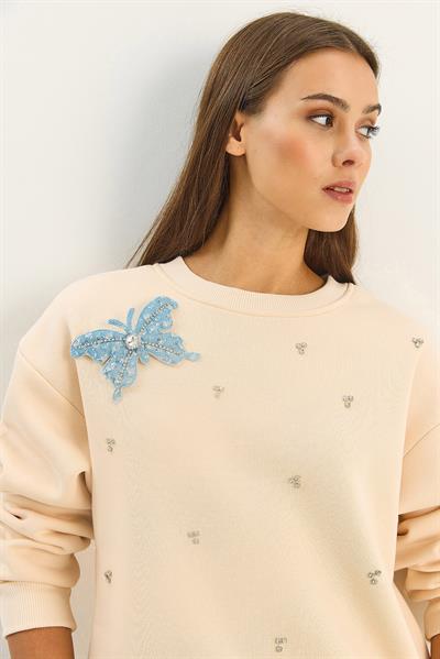 Kadın Bisiklet Yaka Kelebek Aksesuarlı Taş Işlemeli Üç İplik Şadonlu Sweatshirt 60601042 - Bej
