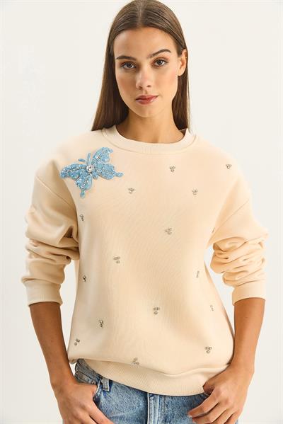 Kadın Bisiklet Yaka Kelebek Aksesuarlı Taş Işlemeli Üç İplik Şadonlu Sweatshirt 60601042 - Bej