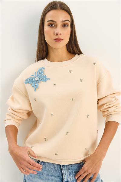 Kadın Bisiklet Yaka Kelebek Aksesuarlı Taş Işlemeli Üç İplik Şadonlu Sweatshirt 60601042 - Bej