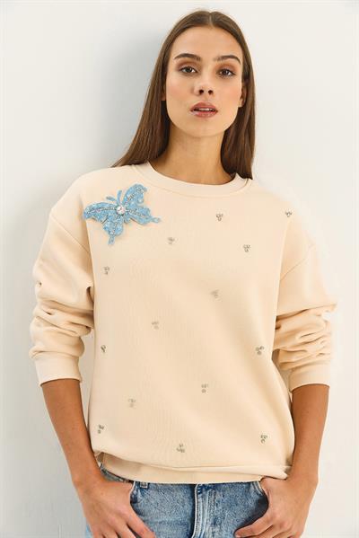 Kadın Bisiklet Yaka Kelebek Aksesuarlı Taş Işlemeli Üç İplik Şadonlu Sweatshirt 60601042 - Bej