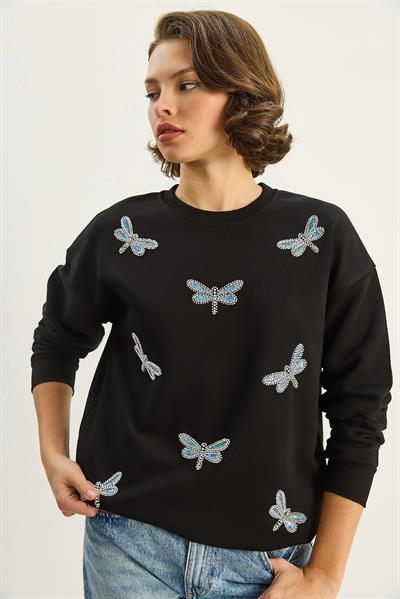 Kadın Bisiklet Yaka Yusufcuk Taş İşlemeli Relaxed Sweatshirt 1558 60283660 - Siyah