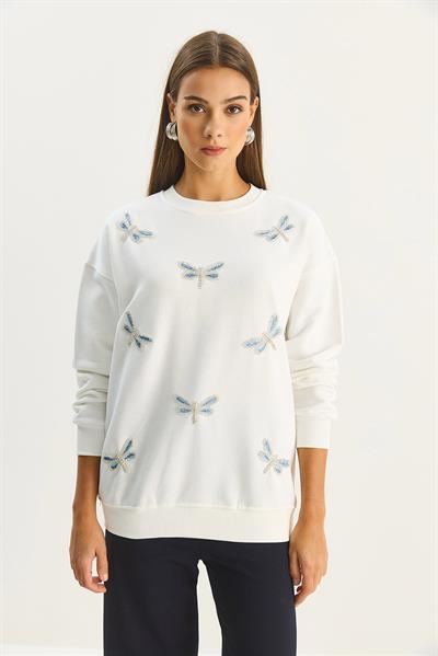 Kadın Bisiklet Yaka Yusufcuk Taş İşlemeli Relaxed Sweatshirt 1558 60283660 - Beyaz