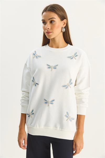Kadın Bisiklet Yaka Yusufcuk Taş İşlemeli Relaxed Sweatshirt 1558 60283660 - Beyaz