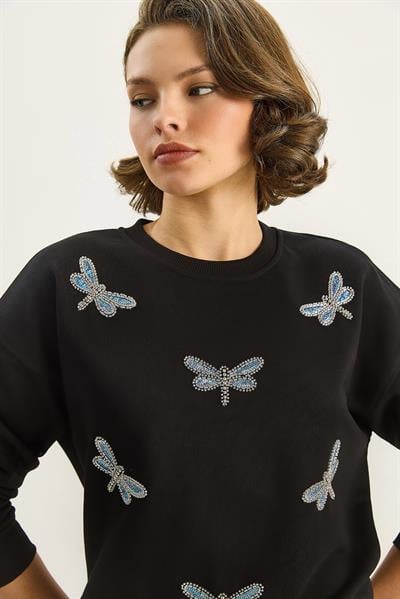 Kadın Bisiklet Yaka Kelebek Taş İşlemeli Relaxed Sweatshirt 1558 60283660 - Siyah SWEATSHİRT modelleri