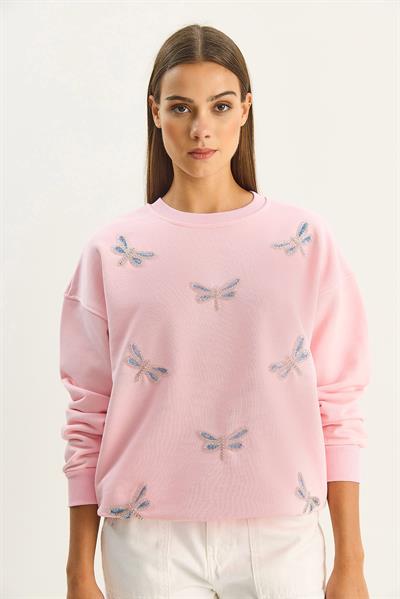 Kadın Bisiklet Yaka Yusufcuk Taş İşlemeli Relaxed Sweatshirt 1558 60283660 - Şeker Pembe