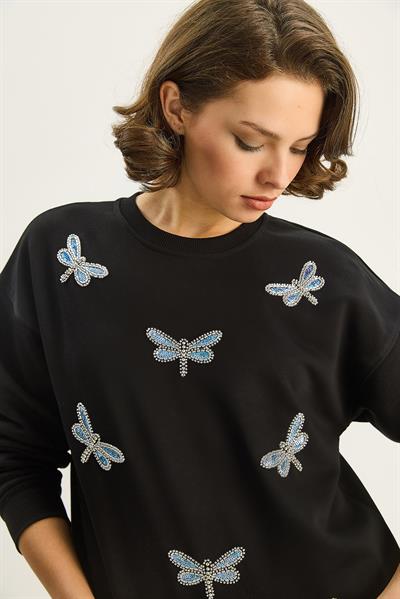 Kadın Bisiklet Yaka Yusufcuk Taş İşlemeli Relaxed Sweatshirt 1558 60283660 - Siyah