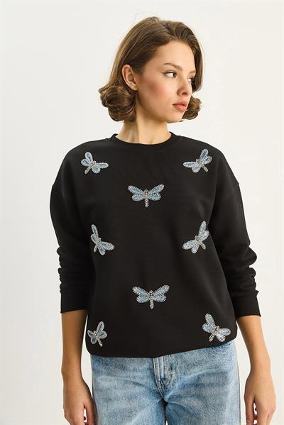 Kadın Bisiklet Yaka Yusufcuk Taş İşlemeli Relaxed Sweatshirt 1558 60283660 - Siyah