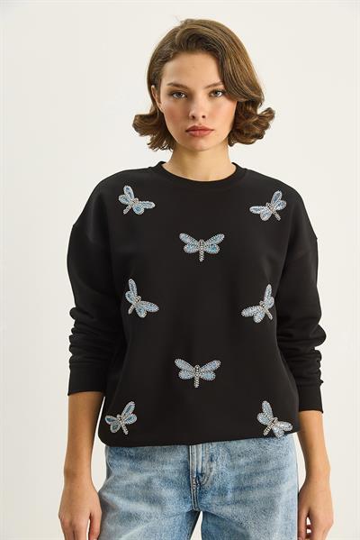 Kadın Bisiklet Yaka Yusufcuk Taş İşlemeli Relaxed Sweatshirt 1558 60283660 - Siyah
