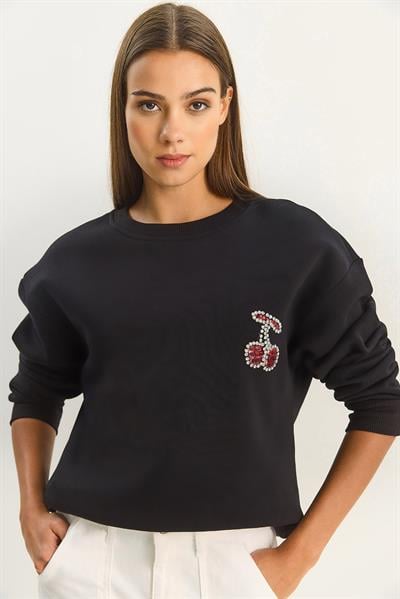 Kadın Bisiklet Yaka Kiraz Taş İşlemeli Üç İplik Şardonlu Sweatshirt 60601047 - Siyah