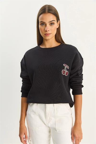 Kadın Bisiklet Yaka Kiraz Taş İşlemeli Üç İplik Şardonlu Sweatshirt 60601047 - Siyah