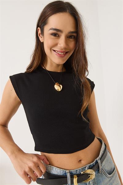 Kadın Bisiklet Yaka Kısa Kollu Basic Kaşkorse Crop Top T-Shirt 60602044 - Siyah