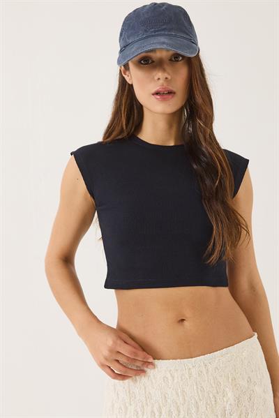 Kadın Bisiklet Yaka Kısa Kollu Basic Kaşkorse Crop Top T-Shirt 60602044 - Lacivert