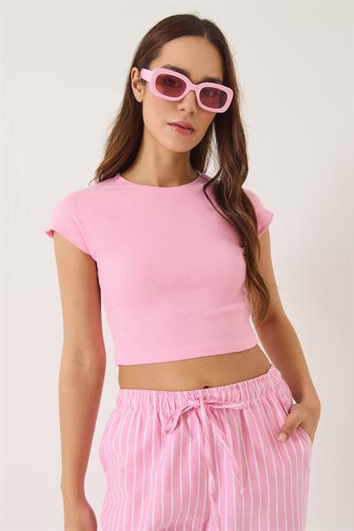 Kadın Bisiklet Yaka Kısa Kollu Basic Kaşkorse Crop Top T-Shirt 60602044 - Pembe