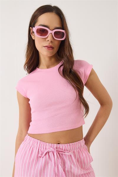 Kadın Bisiklet Yaka Kısa Kollu Basic Kaşkorse Crop Top T-Shirt 60602044 - Pembe