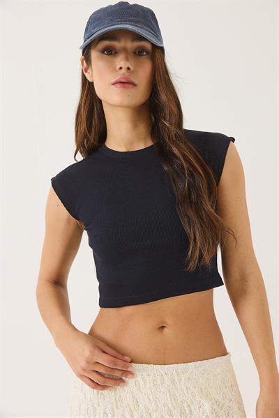 Kadın Bisiklet Yaka Kısa Kollu Basic Kaşkorse Crop Top T-Shirt 60602044 - Lacivert