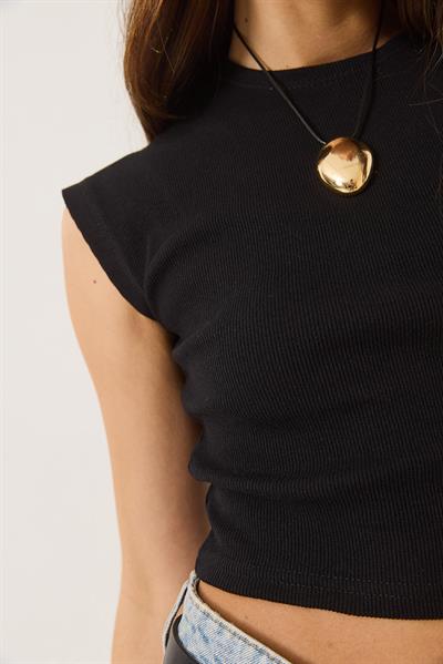 Kadın Bisiklet Yaka Kısa Kollu Basic Kaşkorse Crop Top T-Shirt 60602044 - Siyah