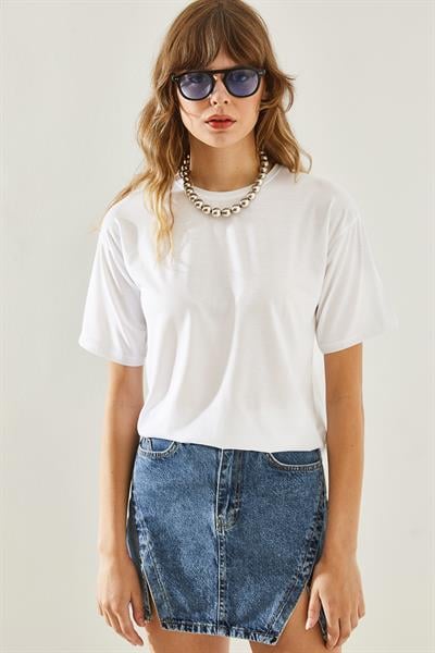 Kadın Bisiklet Yaka Kısa Kollu Basic T-Shirt 60251202 - Beyaz