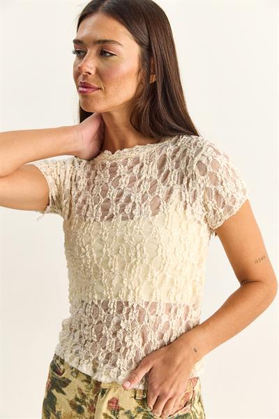 Kadın Bisiklet Yaka Kısa Kollu Transparan Dantel Bluz 6145 60286129 - Krem