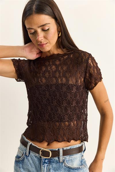 Kadın Bisiklet Yaka Kısa Kollu Transparan Dantel Bluz 6145 60286129 - Acı Kahve