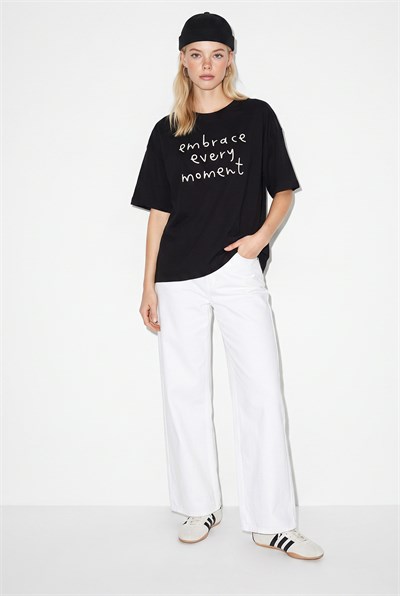 Kadın Bisiklet Yaka Kısa Kollu Yazı Baskılı Oversize T-Shirt 60382630 - Siyah