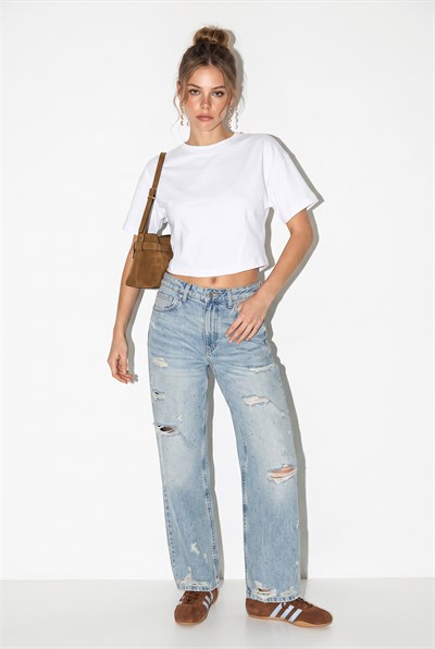 Kadın Bisiklet Yaka Korsaj Dikiş Detaylı Crop Bluz ÖB261040 60286436 - Beyaz