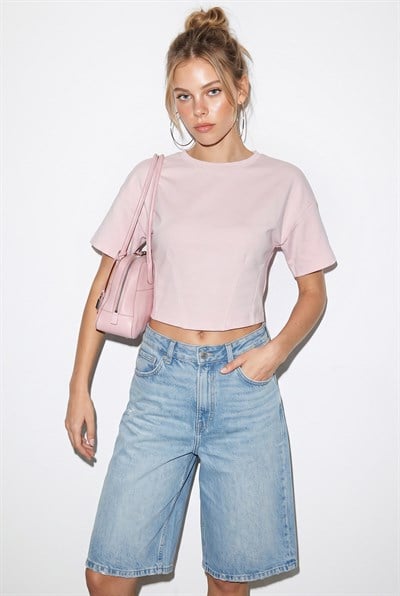 Kadın Bisiklet Yaka Korsaj Dikiş Detaylı Crop Bluz ÖB261040 60286436 - Şeker Pembe