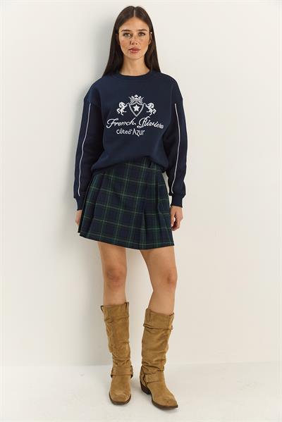Kadın Bisiklet Yaka Nakış İşlemeli Üç İplik Şardonlu Sweatshirt 60601049 - Lacivert