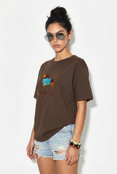 Kadın Bisiklet Yaka Nakış ve Boncuk İşlemeli Oversize T-Shirt 2221 60286122 - Kahverengi