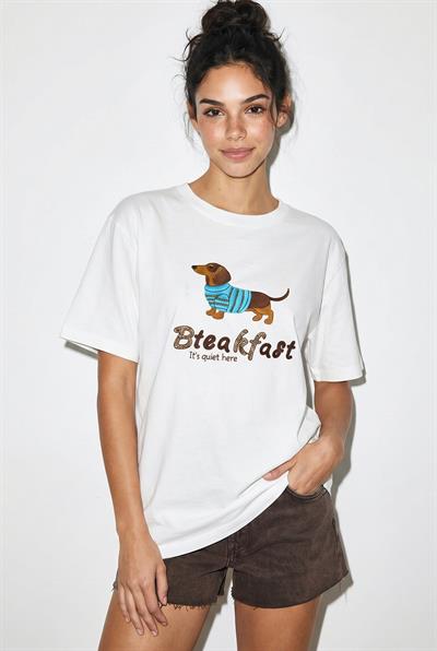 Kadın Bisiklet Yaka Nakış ve Boncuk İşlemeli Oversize T-Shirt 2221 60286122 - Beyaz