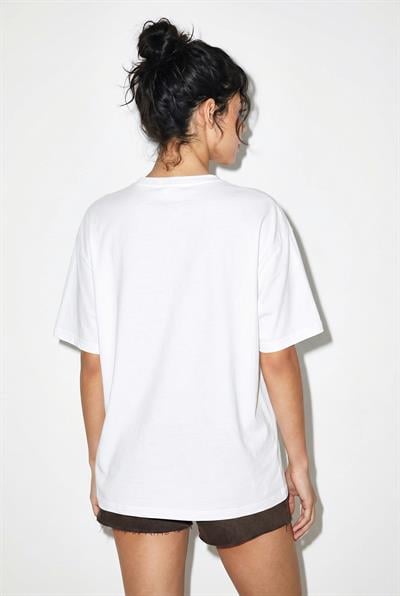 Kadın Bisiklet Yaka Nakış ve Boncuk İşlemeli Oversize T-Shirt 2221 60286122 - Beyaz