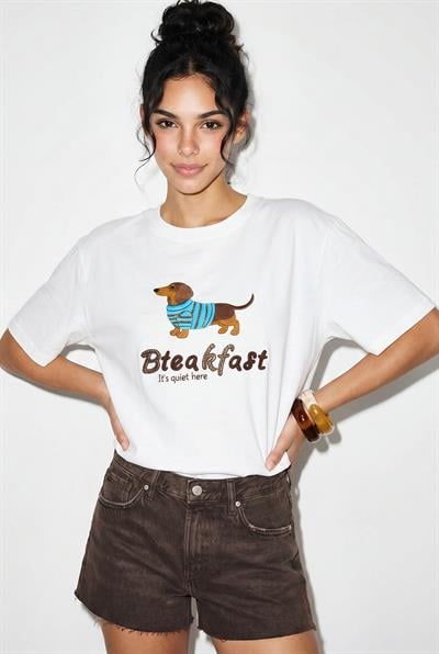 Kadın Bisiklet Yaka Nakış ve Boncuk İşlemeli Oversize T-Shirt 2221 60286122 - Beyaz