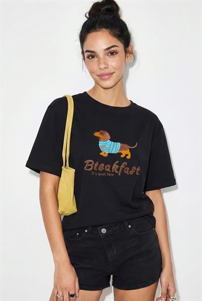 Kadın Bisiklet Yaka Nakış ve Boncuk İşlemeli Oversize T-Shirt 2221 60286122 - Siyah
