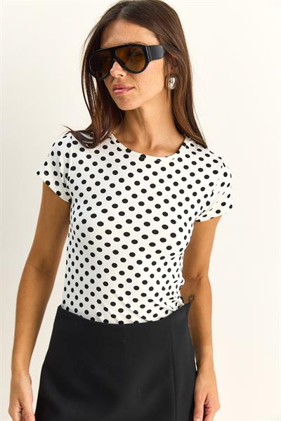 Kadın Bisiklet Yaka Puantiyeli Kısa Kollu Likralı Crop T-Shirt 6137 60286127 - Beyaz-Siyah