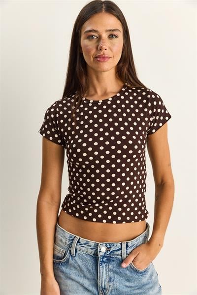 Kadın Bisiklet Yaka Puantiyeli Kısa Kollu Likralı Crop T-Shirt 6137 60286127 - Kahverengi-Bej