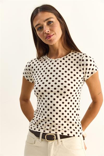 Kadın Bisiklet Yaka Puantiyeli Kısa Kollu Likralı Crop T-Shirt 6137 60286127 - Bej-Kahverengi