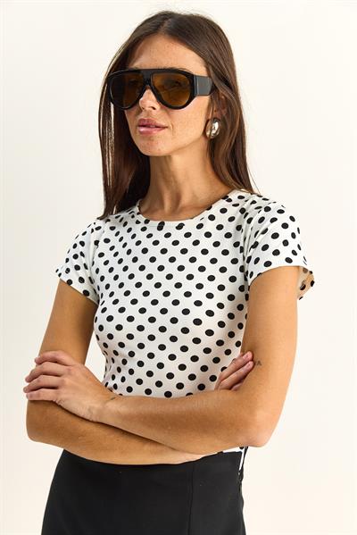 Kadın Bisiklet Yaka Puantiyeli Kısa Kollu Likralı Crop T-Shirt 6137 60286127 - Beyaz-Siyah