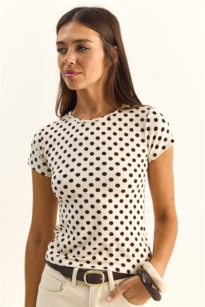 Kadın Bisiklet Yaka Puantiyeli Kısa Kollu Likralı Crop T-Shirt 6137 60286127 - Bej-Kahverengi