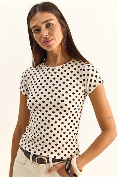 Kadın Bisiklet Yaka Puantiyeli Kısa Kollu Likralı Crop T-Shirt 6137 60286127 - Bej-Kahverengi