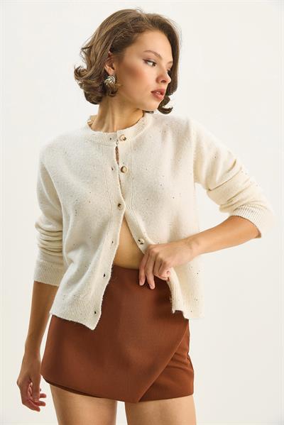 Kadın Bisiklet Yaka Pul Detaylı Yaldızlı Regular Triko Hırka 4960 60283582 - Krem