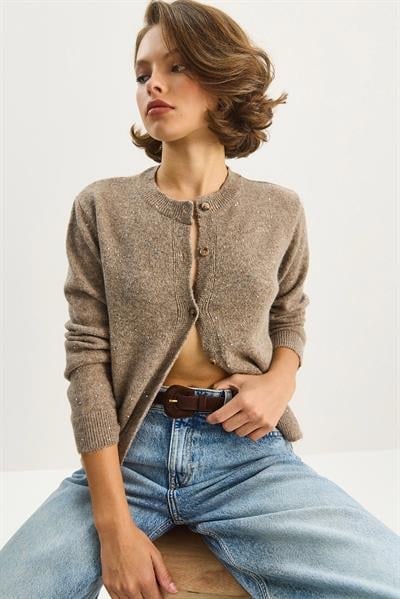 Kadın Bisiklet Yaka Pul Detaylı Yaldızlı Regular Triko Hırka 4960 60283582 - Vizon