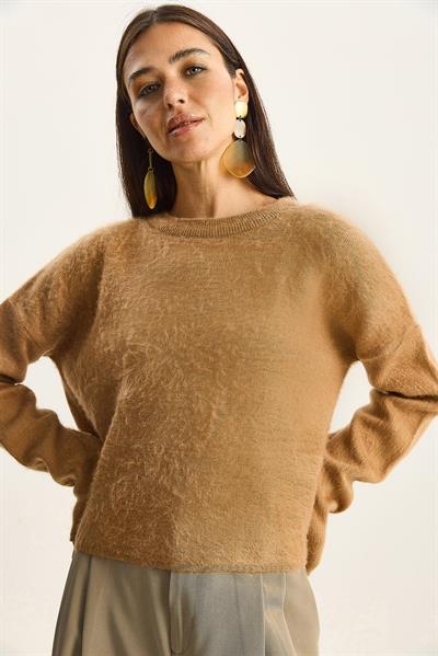 Kadın Bisiklet Yaka Şardonlu Basic Triko Kazak 60285009 - Camel
