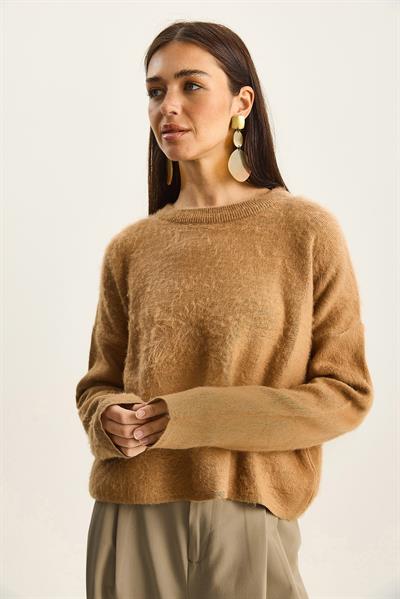 Kadın Bisiklet Yaka Şardonlu Basic Triko Kazak 60285009 - Camel