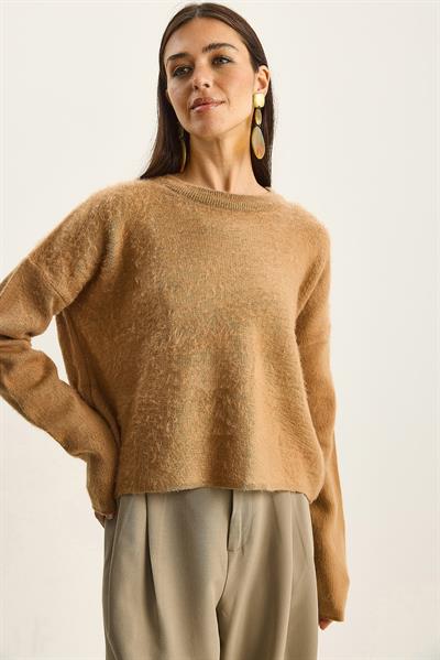 Kadın Bisiklet Yaka Şardonlu Basic Triko Kazak 60285009 - Camel