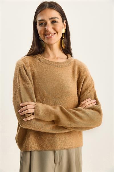 Kadın Bisiklet Yaka Şardonlu Basic Triko Kazak 60285009 - Camel